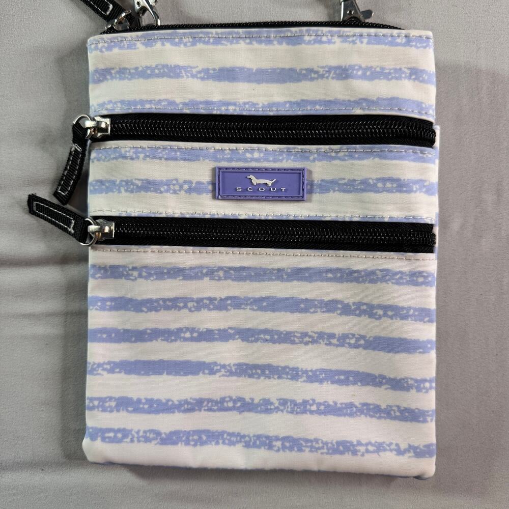 Scout Crossbody Bag Blue White Stripe Nylon Multi Zip Travel Purse Adjustable - Picture 2 of 9